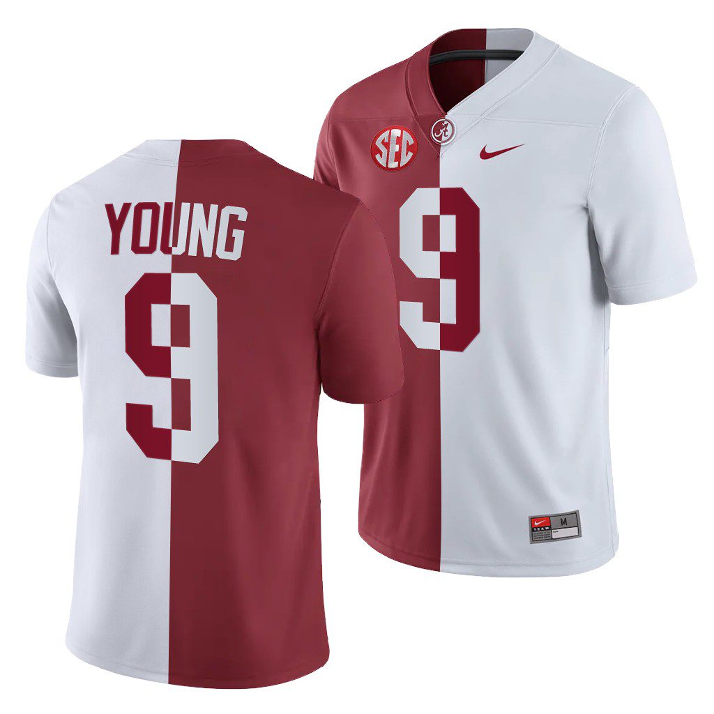 Men's Alabama Crimson Tide Bryce Young #9 Crimson White Split NCAA College Football Jersey